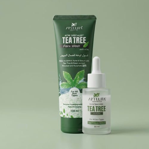 Aptlura Tea Tree Face Wash and Serum on a green background