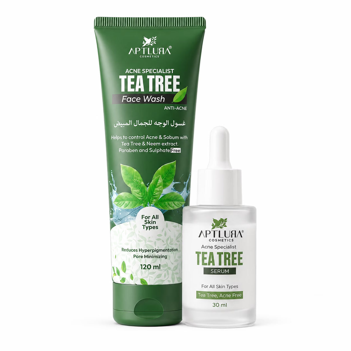 Aptlura Tea Tree Face Wash and Serum on a white background