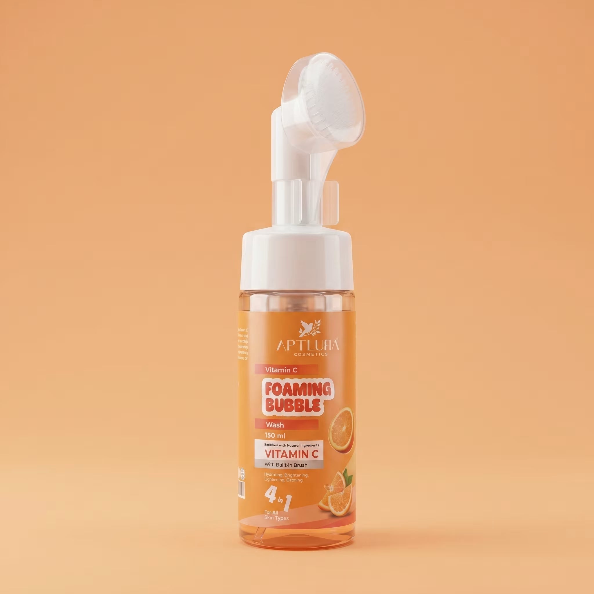 Foaming bubble wash bottle with orange label on a beige background