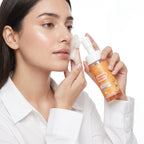 Woman applying facial cleanser with a bottle labeled 'APTLURA' on a white background