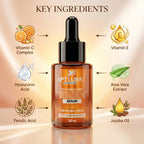 Aptlura Cosmetics Vitamin C Complex serum bottle with key ingredients displayed on a beige background
