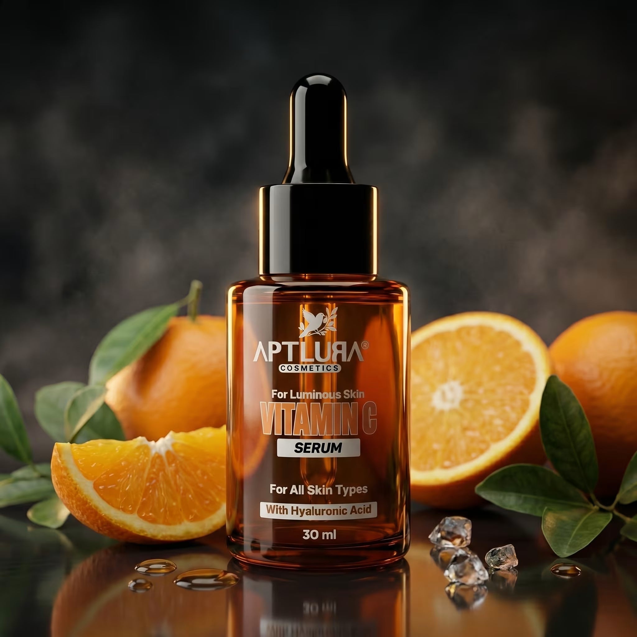 Aptlura Cosmetics Vitamin C Serum bottle with oranges and leaves on a dark background