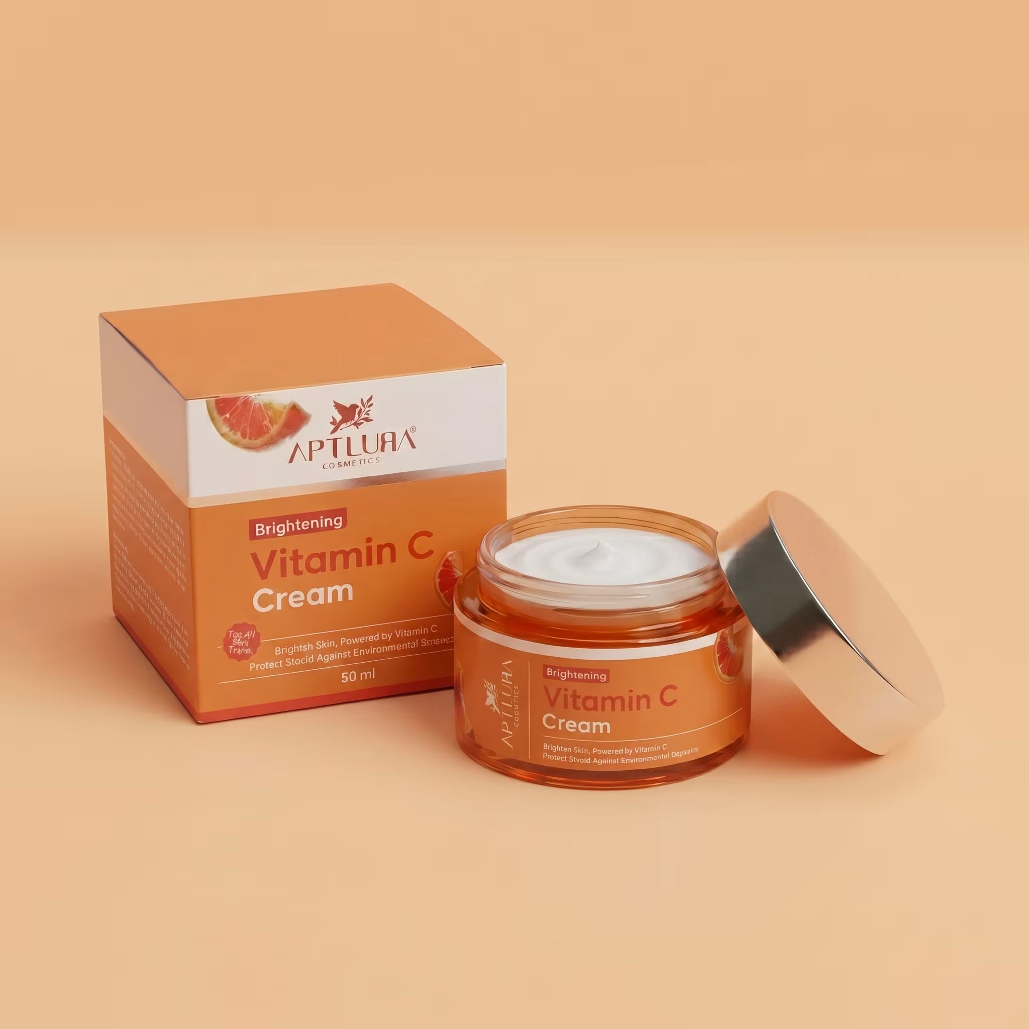 Aptlura Brightening Vitamin C Cream jar and packaging on a beige background