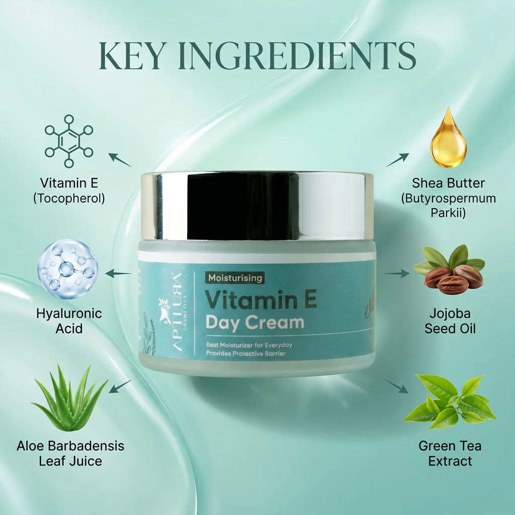 Vitamin E day cream with key ingredients displayed on a light green background