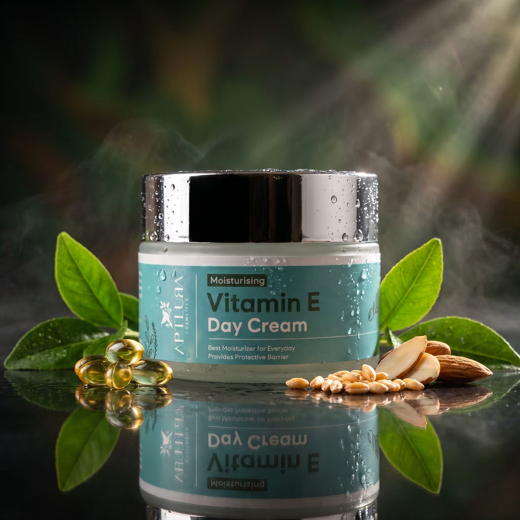 Jar of Vitamin E Day Cream with almonds and leaves on a reflective surface