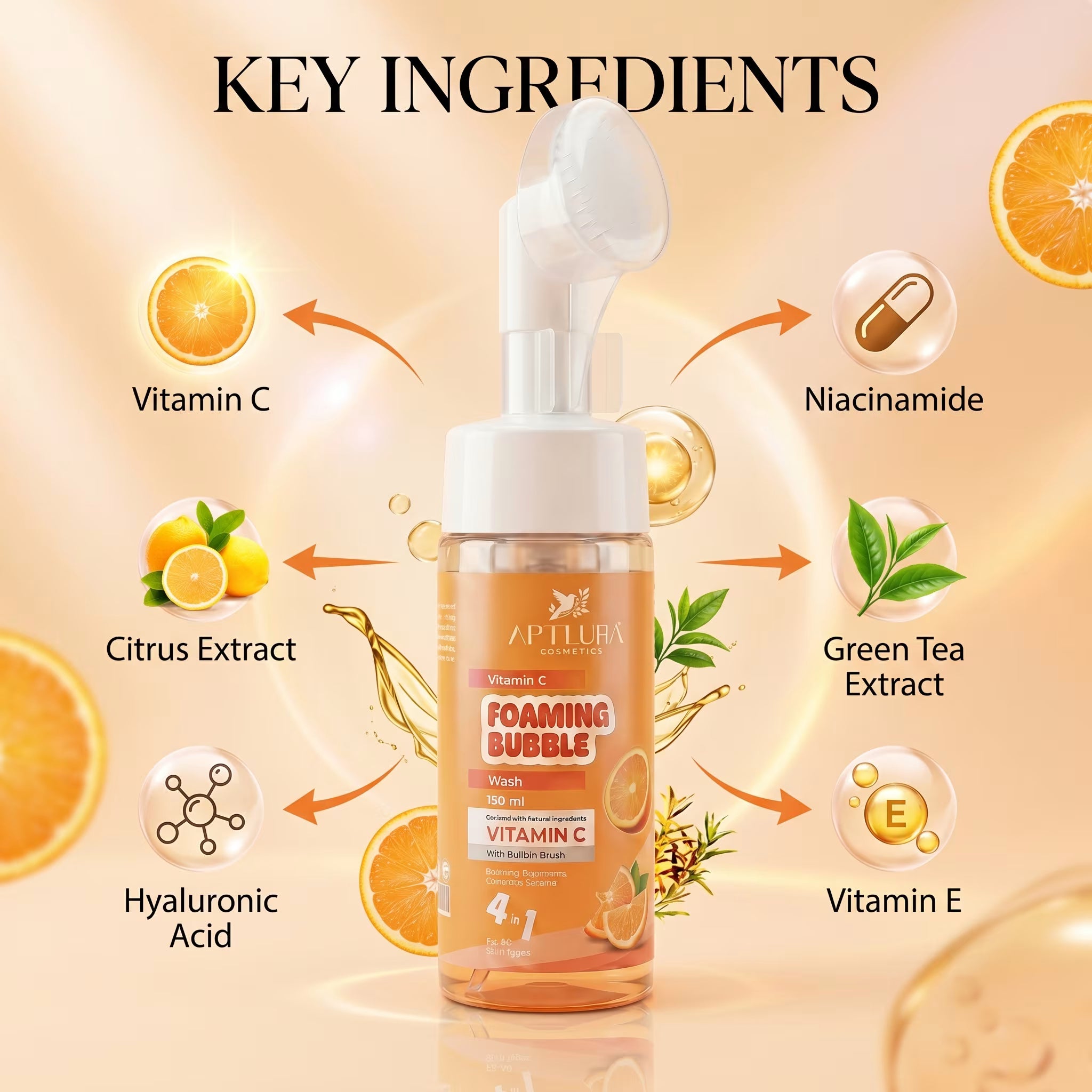 Foaming bubble wash bottle with key ingredients labeled on a beige background