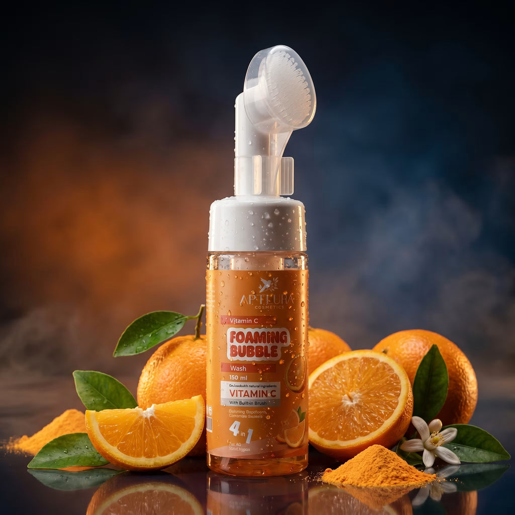 Foaming bubble product with oranges and orange powder on a reflective surface