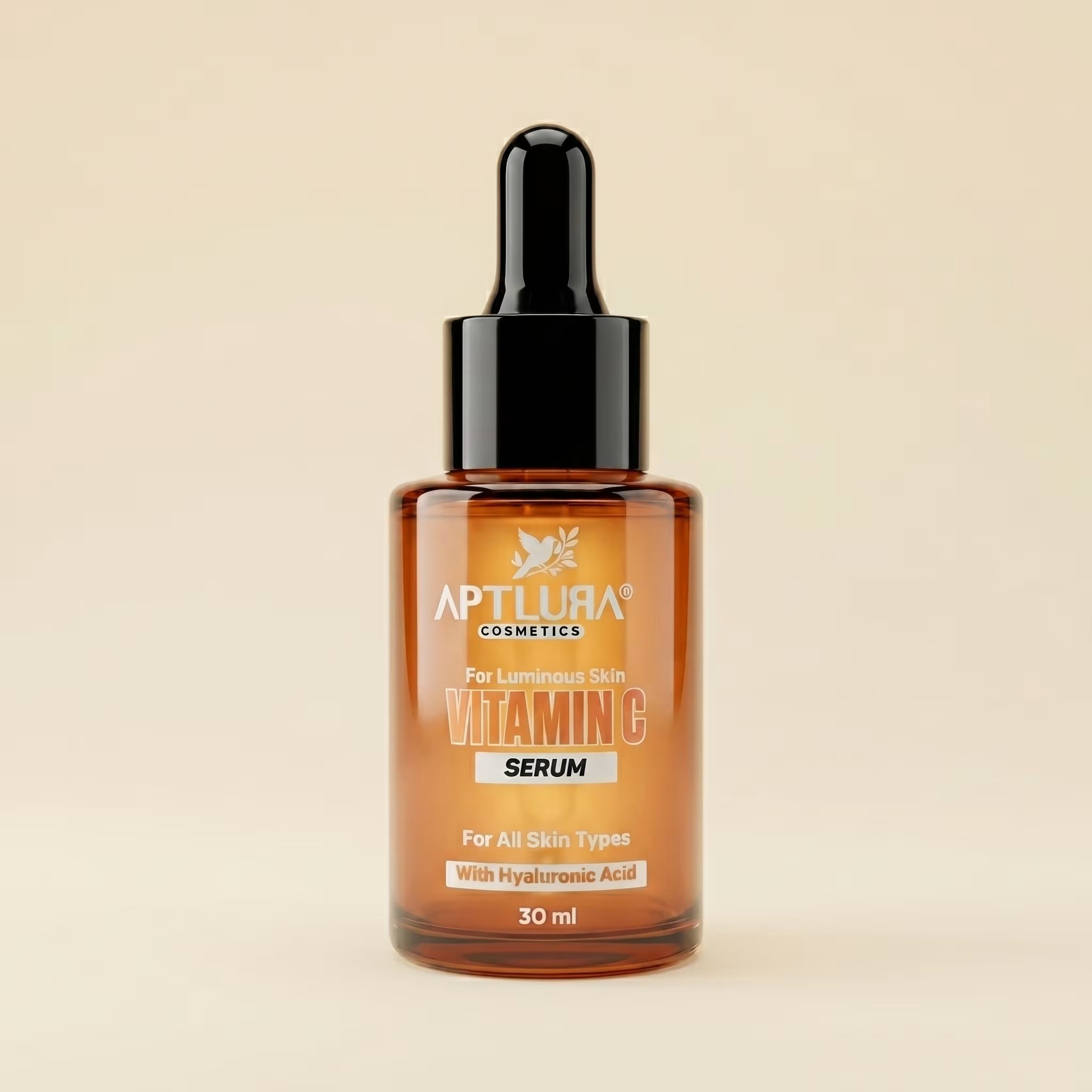 Aptlura Cosmetics Vitamin C Serum bottle on a beige background