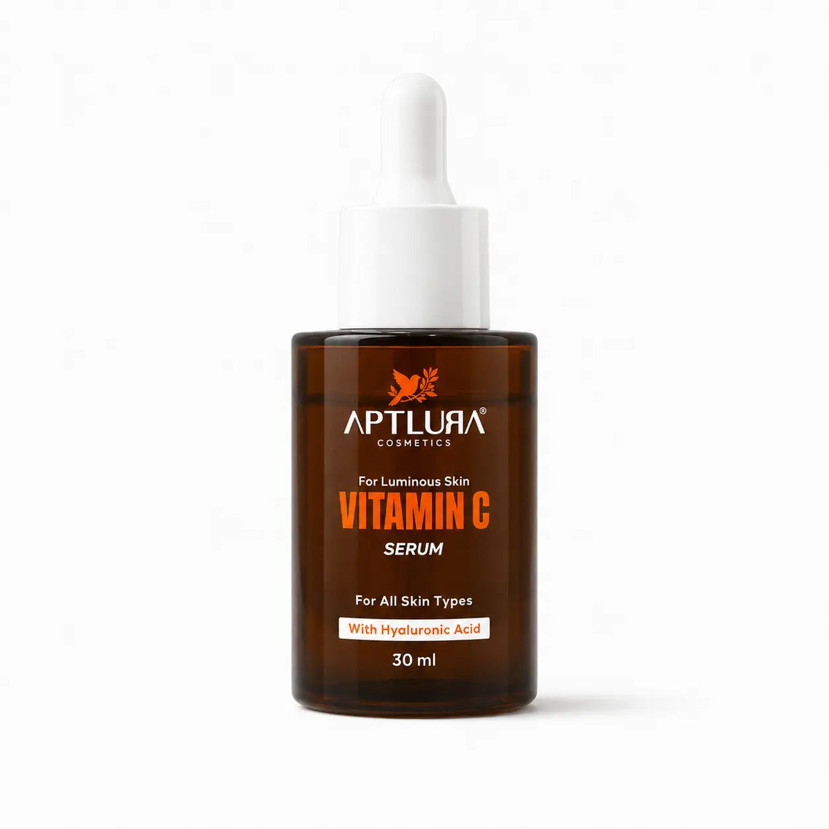 A 30 ml bottle of Aptlura Cosmetics Vitamin C Serum, featuring an amber brown glass bottle and a white dropper cap, set against a plain white background.