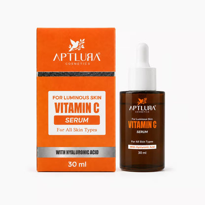 Aptlura Cosmetics Vitamin C Serum shown with its orange retail box and a dark amber dropper bottle on a clean white background.