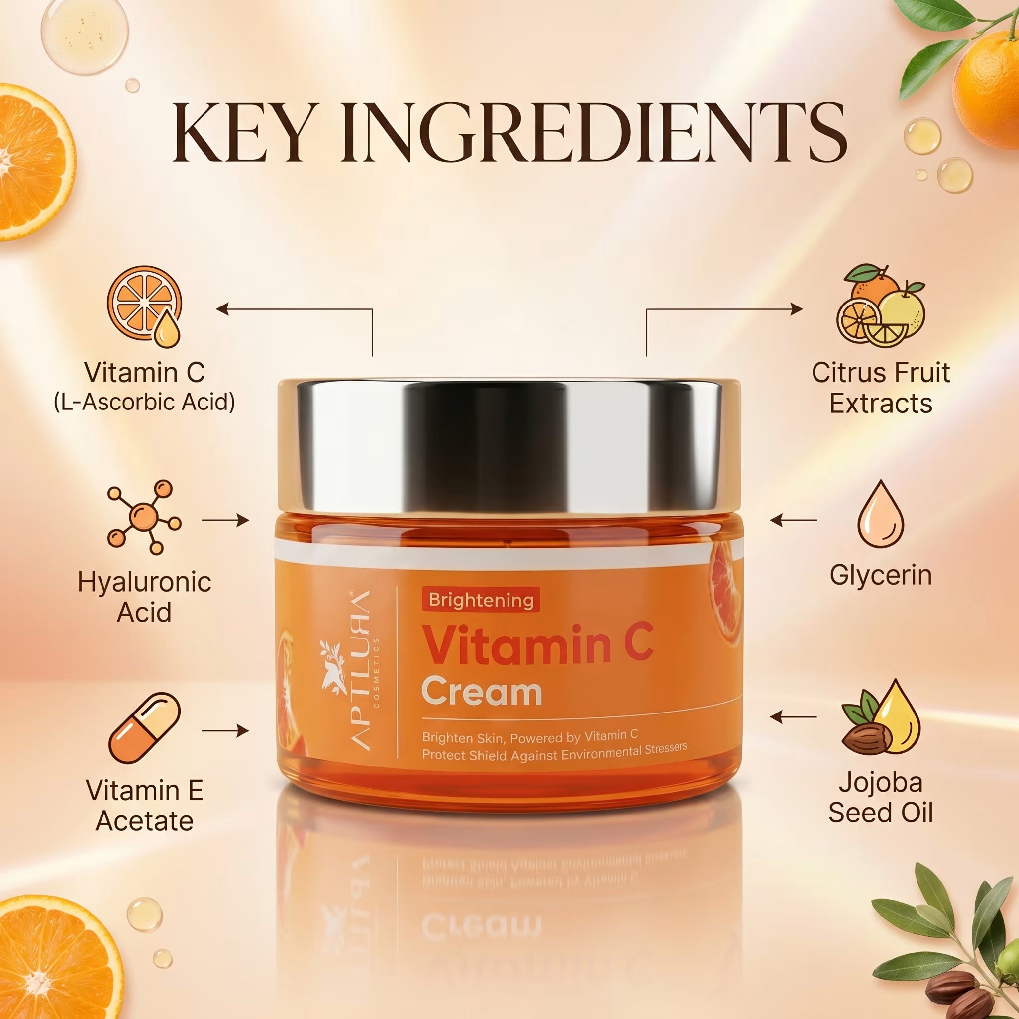 Vitamin C cream jar with key ingredients listed on a beige background