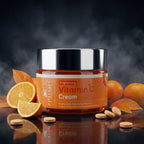 Jar of Aptlura Vitamin C cream with oranges and orange slices on a reflective surface.